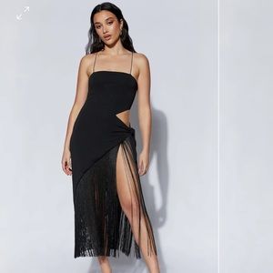 MESHIKI Wrap Over Midi Dress With Fringing - Black